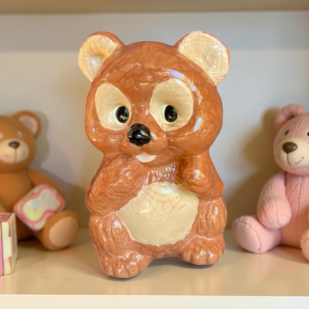 VTG 11" Ceramic MCM Teddy Bear Figurine Brown Glaze Crackle Pottery‎ Retro Decor